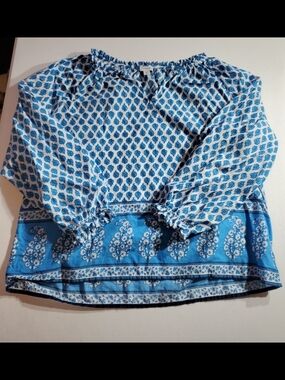 J. Crew XL Blue and White Printed Popover Prairie Peasant Blouse